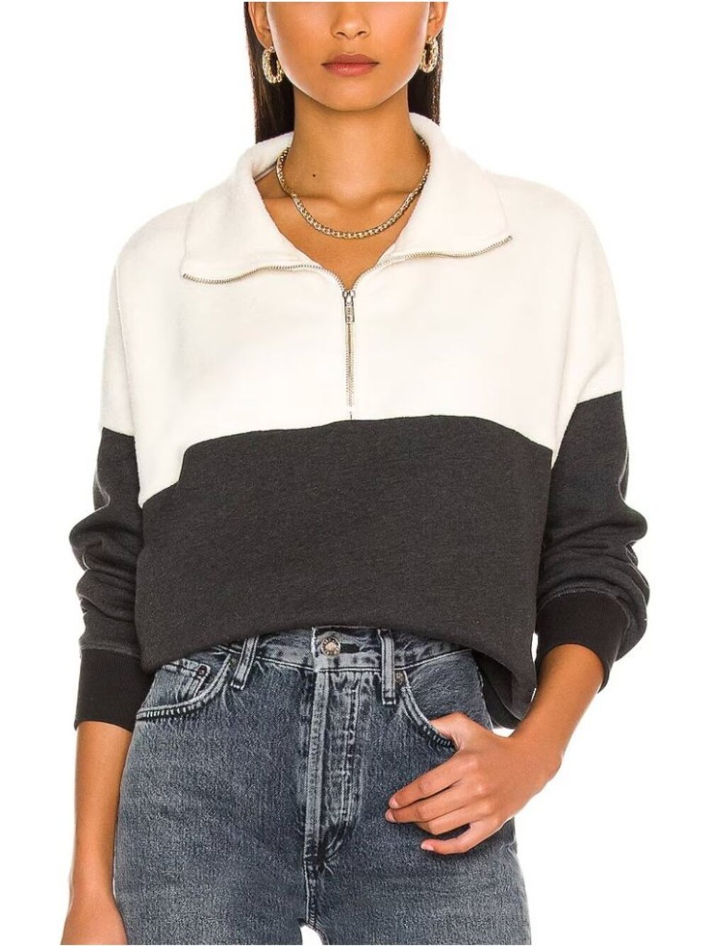 The Great. The Colorblock Fleece Half-Zip Pullover Almost Black Washed White 1